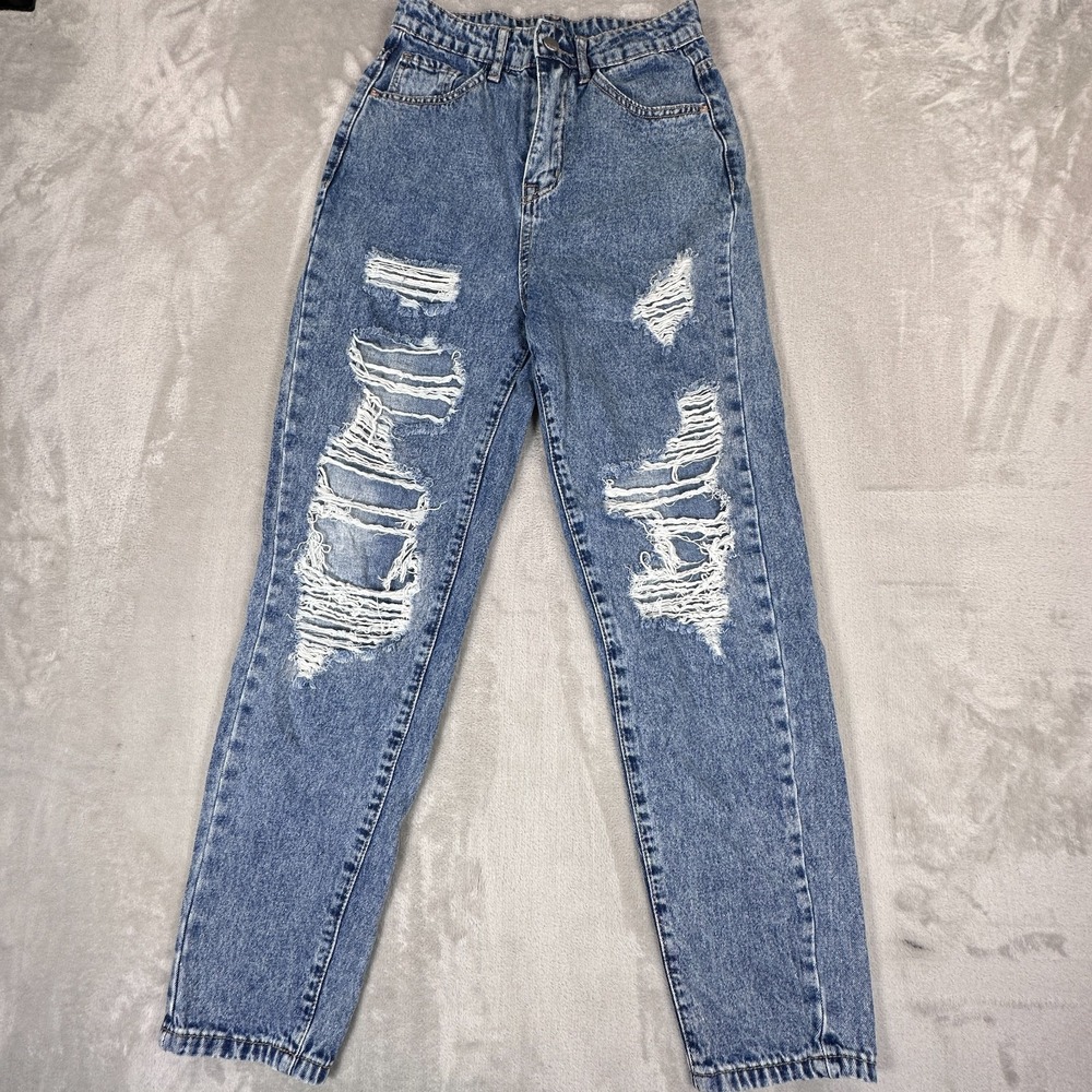 Shein Jeans Womens Size XS Blue Denim Cotton Distressed High Rise Skinny Pants